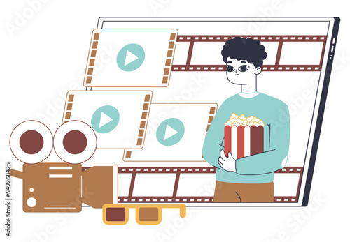 Online entertainment, streaming film service. Male on laptop screen enjoy home movie theatre service isolated flat vector illustration on white background