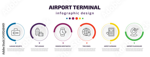 airport terminal infographic element with icons and 6 step or option. airport terminal icons such as luggage security, trip luggage, modern wirstwatch, time zones, airpot cupboard, airport
