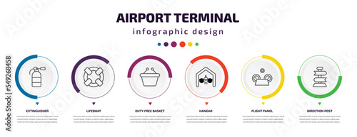 airport terminal infographic element with icons and 6 step or option. airport terminal icons such as extinguisher, lifeboat, duty free basket, hangar, flight panel, direction post vector. can be