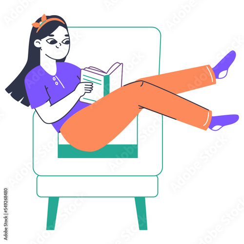 Reading girl, book and literature lover. Woman sitting in armchair and reading book, female bookworm character flat vector illustration on white background