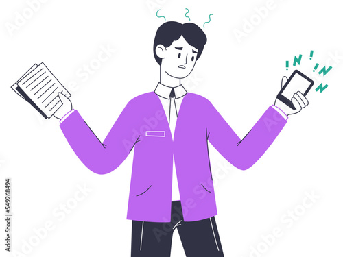 Flat stressed deadline businessman. Chaotic, overload anxiety office worker, bad time management flat vector illustration on white background