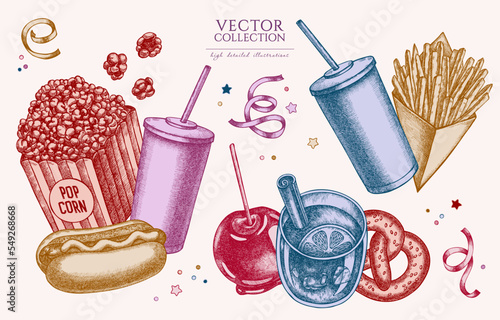 Carnival food vintage illustrations collection. Hand drawn logo designs with french fries, pretzel, popcorn, lemonade, hot dog, mulled wine, caramel apple, ribbons.
