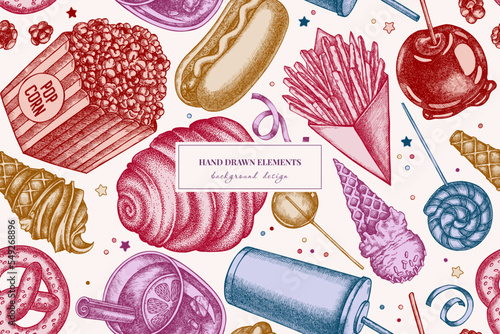 Carnival food seamless pattern background design. Engraved style. Hand drawn french fries, pretzel, popcorn, lemonade, hot dog, mulled wine, caramel apple, cotton candy, ice cream cones, lollipop