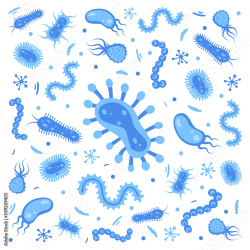 Different bacteria, pathogenic microorganisms. Bacteria and germs, microorganisms disease-causing, bacteria, bacteria, viruses, fungi, protozoa, probiotic. Vector illustration.