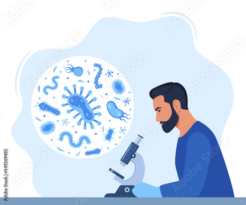 Man Scientist, microbiology researcher with microscope. Microbiologist study various bacteria, pathogenic microorganisms. Bacteria and germs in a circle. Vector illustration.