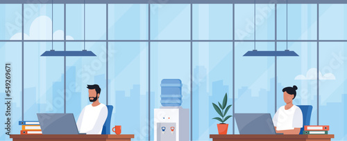 People working in office. Man and woman sitting at desks with laptops. Workplace with modern interior. Daily routine. Everyday company life. Colorful flat vector illustration.