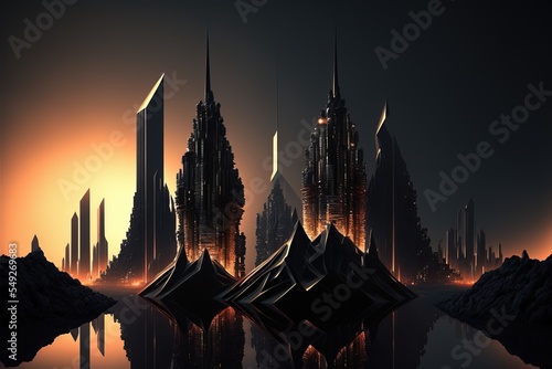 Futuristic city. Alien city made from vendetta black obsidian. photo