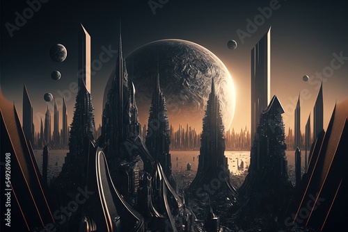 Futuristic city. Alien city made from vendetta black obsidian.