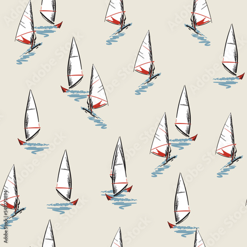 Beautiful hand drawn summer beach wind surfing illustration