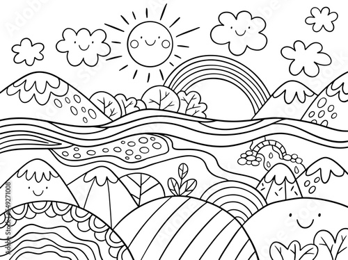 Cute cartoon meadow with mountains, fields and river. Kids coloring page.