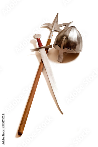 medieval sword, helm and halberd