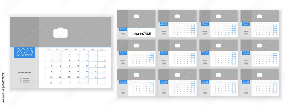 Desktop Monthly Photo Calendar 2023. Simple monthly vertical photo calendar Layout for 2023 year in English. Cover Calendar, 12 months templates. Week starts from Monday. Vector illustration Desktop Monthly Photo Calendar 2023. Simple monthly vertical photo calendar Layout for 2023 year in English. Cover Calendar, 12 months templates. Week starts from Monday. Vector illustration