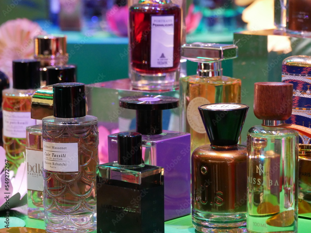 Christmas gifting Luxury perfume bottles in a department store window