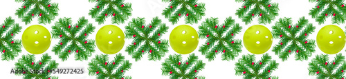 Pickleball pattern. Pattern of green yew branches with red berries and green ...