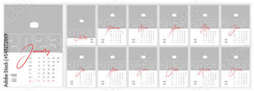 Wall Monthly Photo Calendar 2023. Simple monthly vertical photo calendar Layout 2023 year in English. Cover, 12 months templates. Week starts from Monday. Vector illustration