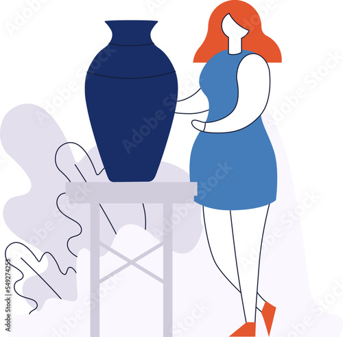 Female girl woman stand near designer vase, florist flower shop or design vector illustration isolated on white