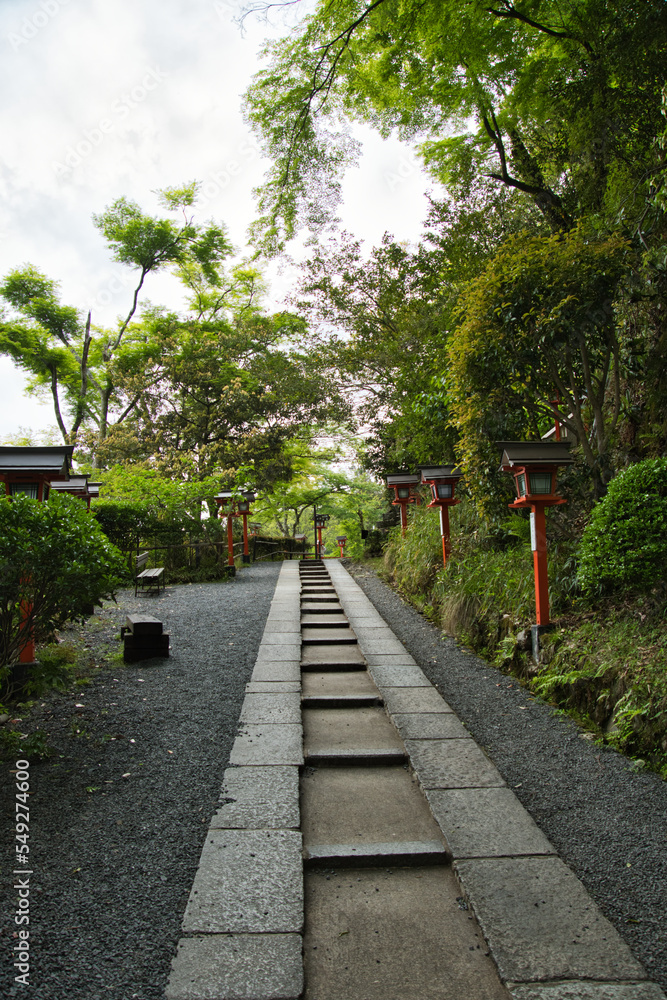 The stairway and lantern of Kurama-Dera temple.   Kyoto Japan
