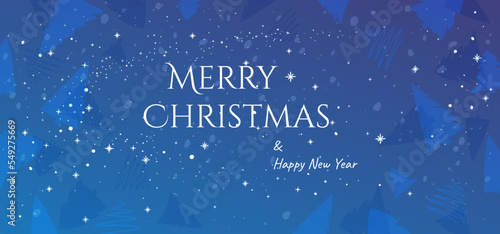 Christmas card with Christmas tree and snowflakes. Merry Christmas and Happy New Year greeting cart, template, header. Blue, violet, purple colour. Christmas tree, snowflakes, snow, magic sparkles