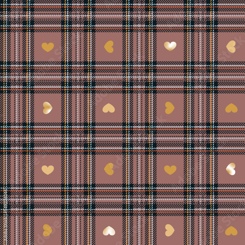 Tartan pattern. with hearts. Scottish checkered background. Traditional scottish ornament. Seamless fabric texture. Christmas new year decor. Vector illustration. Valentine day.