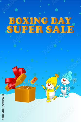 Boxing day, christmas. Cheerful snowmen with gifts. Sale discount.