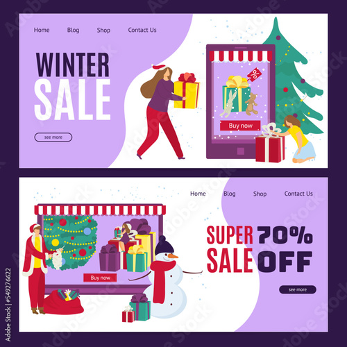 Winter sale, vector illustration. Happy people character at cartoon christmas...