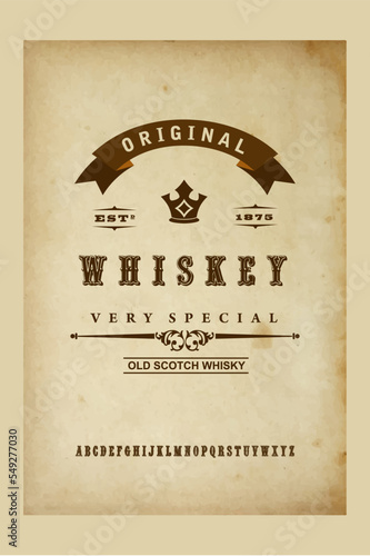 Vintage font. Alphabet. Script. Typeface. Label for an alcoholic drink.Retro old paper style.