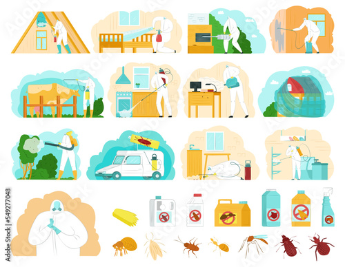 Pest control set, vector illustration. System measures to combat insects, ticks, rodents. Disinfection houses and apartments cartoon service.