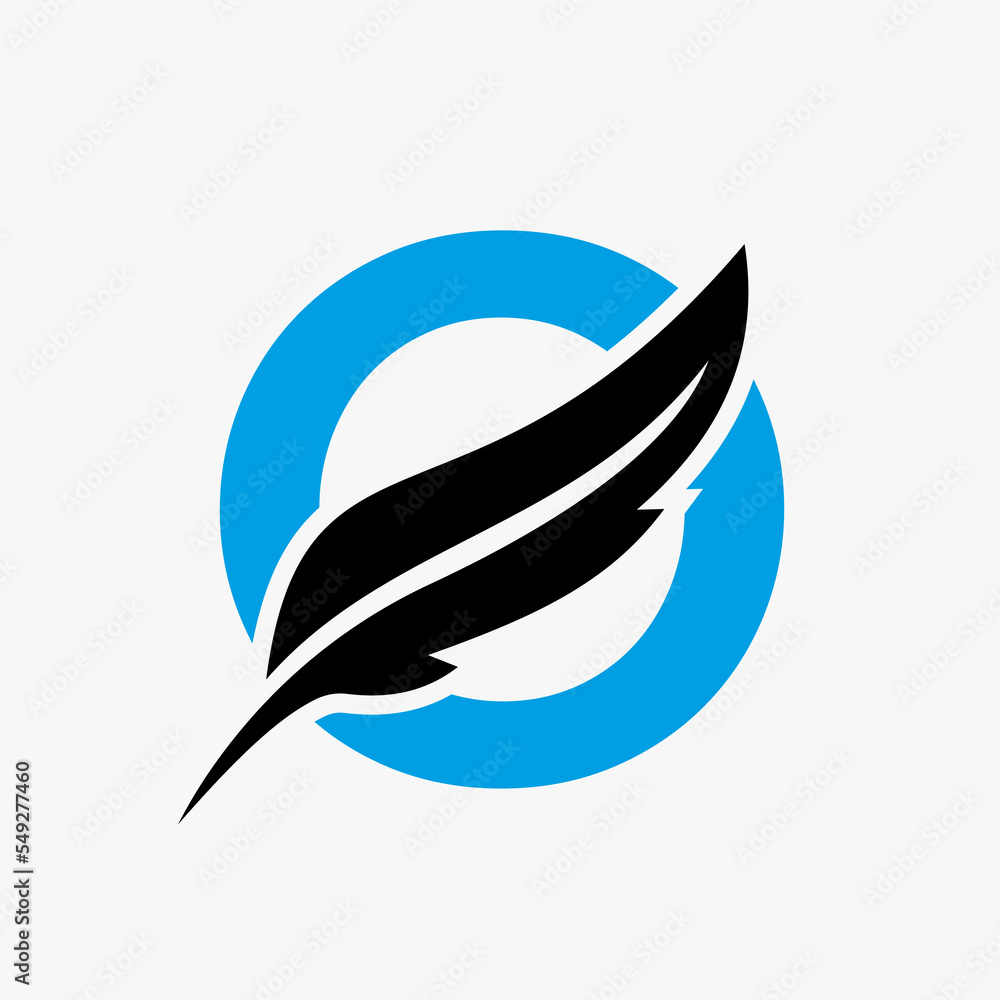 Feather Logo On Letter O Vector Template. Law Logo Bird Feather Symbol Feather Logo On Letter O Vector Template. Law Logo Bird Feather Symbol