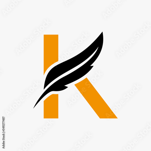 Feather Logo On Letter K Vector Template. Law Logo Bird Feather Symbol