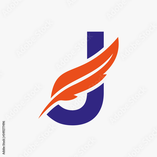 Feather Logo On Letter J Vector Template. Law Logo Bird Feather Symbol