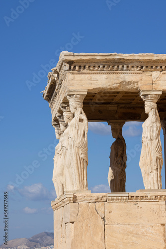 Erechtheion, Temple of Athena Polias on Acropolis of Athens, Greece. View of The Porch of the Maidens with statues of caryatids