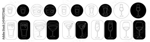 Vodka whiskey rum tequila liquor beer vermouth martini champagne wine wineglass in thin lines. Cartoon sketch graphic design. Doodle style. Black white hand drawn image. Party drink concept