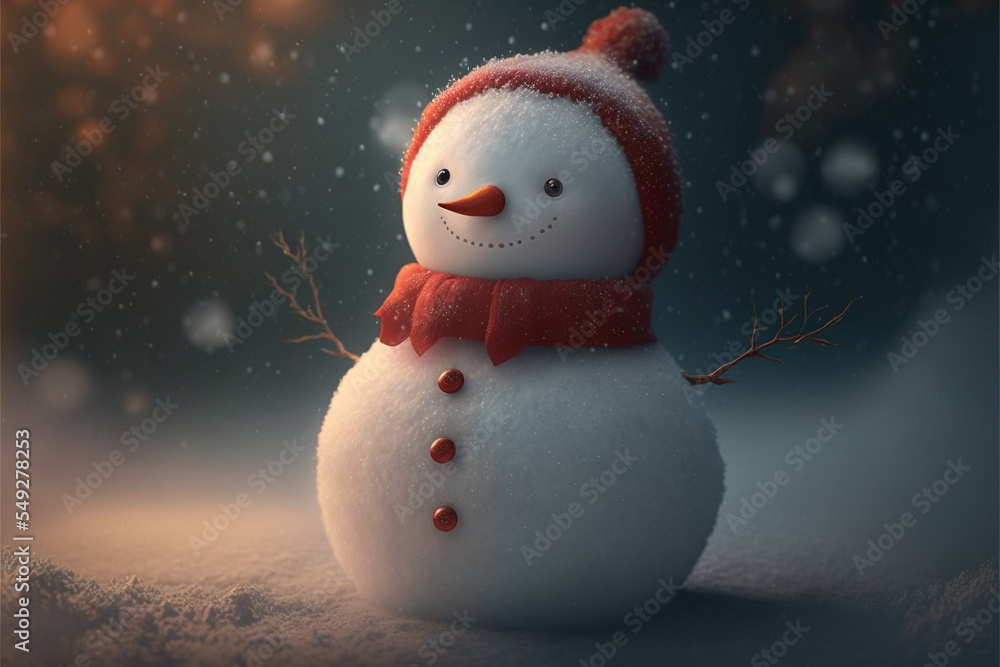 Obraz premium cute snowman standing on snowy field in winter christmas festive.