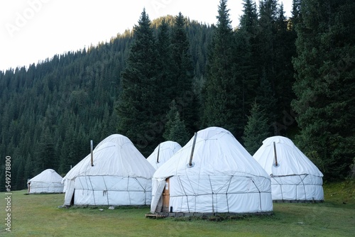 Yurt camp in Karakol Mountains, Tien Shan Mountains, Kyrgyzstan, Central Asia. Traditional nomad's yurts on green mountain meadow in summer. 