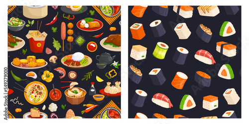 Traditional Japanese sushi food banner set, vector illustration. Asian healthy meal product pattern on black background. Oriental eat
