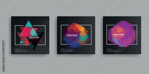 Black banner information frame. Abstract patch design brochure.  Modern vector of the first page of art. Colorful geometric cover design set.