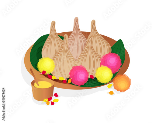 Steamed modak and ghee butter vector illustration. Traditional Indian food and flowers. Sweet festive dumplings on green leaf on a plate