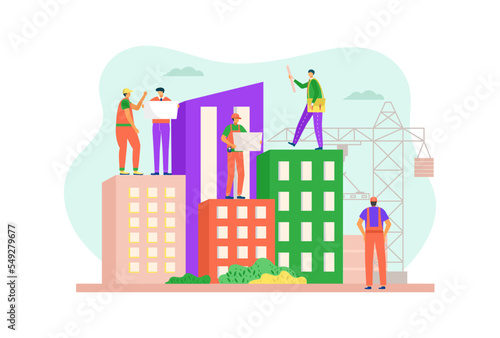 House construction, engineer team near building vector illustration. Architect industry, worker character engineering architecture concept.