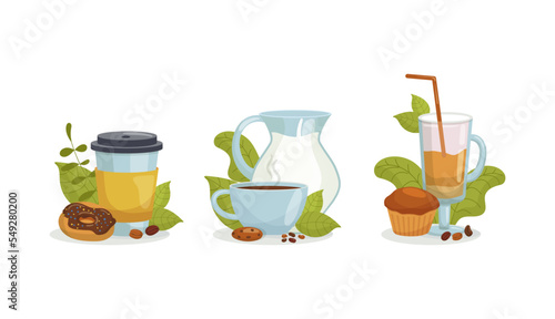 Coffee drink in cup collection set, vector illustration. Hot beverage in mug,...