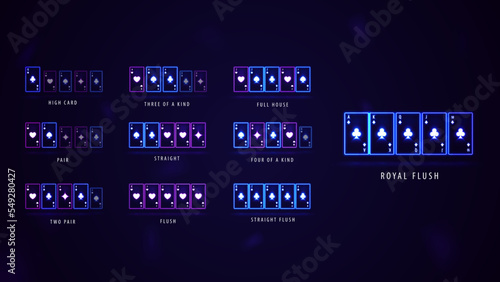Neon poker hand rankings combination set. Pink and blue shine neon casino playing cards