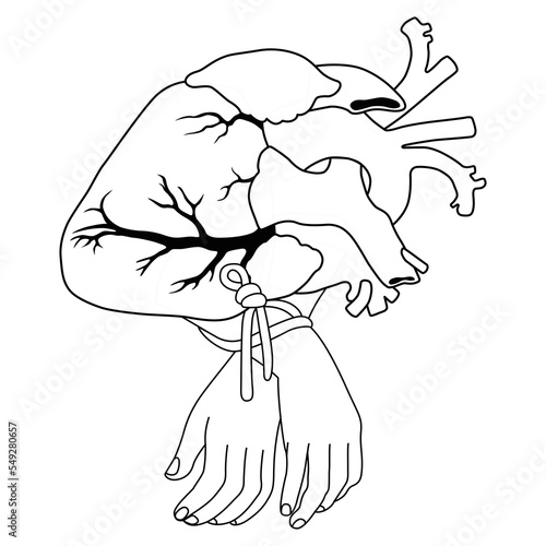 Human hands tied with rope to the heart. Creative concept. Bondage of love. Cordial problem. Disability. Black and white silhouette. 