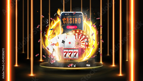 Online casino, banner with smartphone, casino slot machine, Casino Roulette, playing cards and poker chips on gold podium in dark scene with wall of line vertical gold neon lamps around