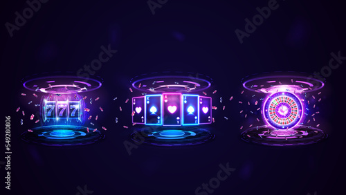 Slot machine, Casino Roulette wheel and playing cards, neon emblems for your arts