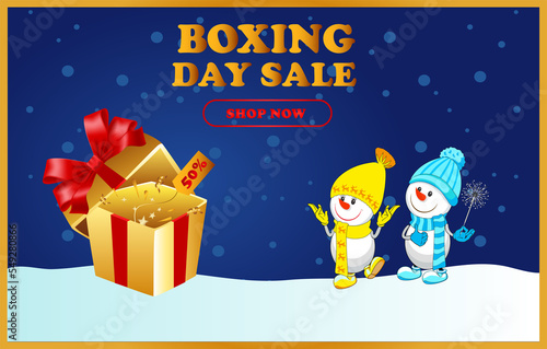 Boxing day, christmas.Postcard. Cheerful snowmen with gifts. Sale discount.