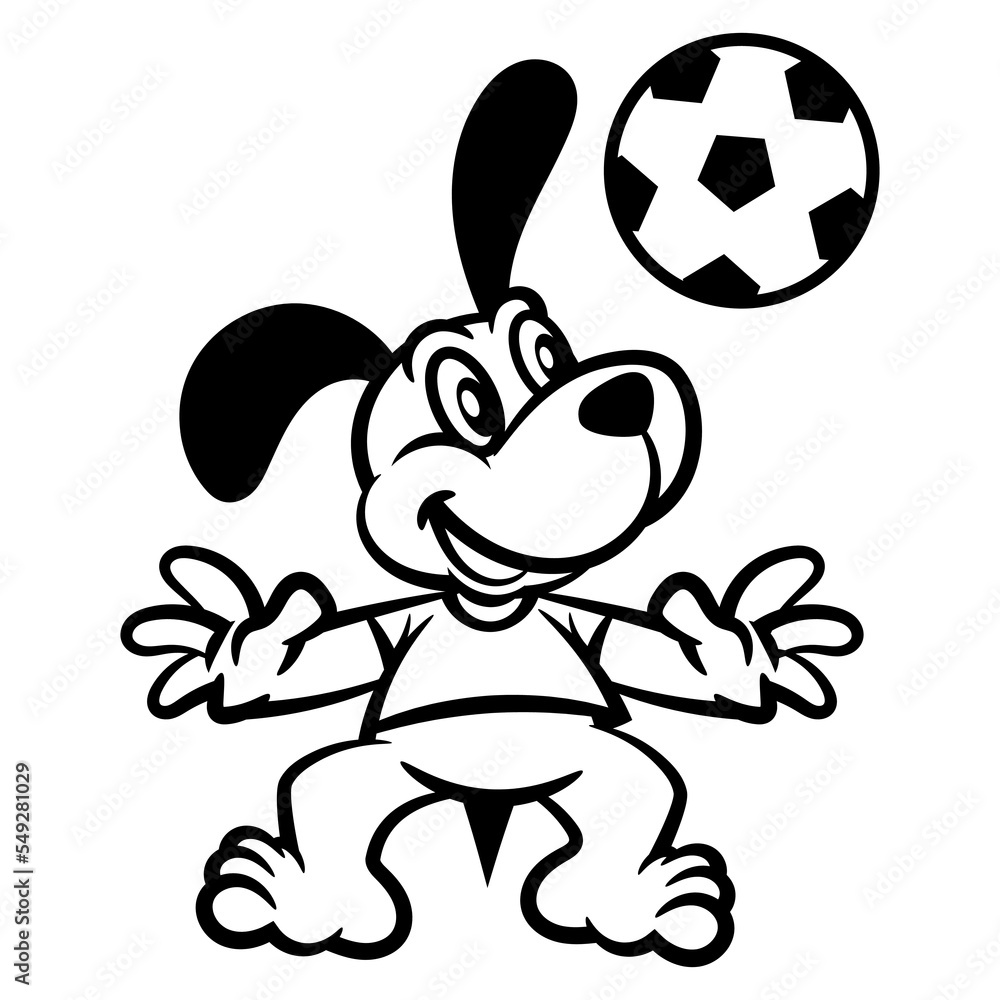 Cartoon illustration of Cute little Dog wearing soccer jersey and juggling a Ball at opening soccer competitions. Best for mascot, outline, and coloring book with sports themes for kids Cartoon illustration of Cute little Dog wearing soccer jersey and juggling a Ball at opening soccer competitions. Best for mascot, outline, and coloring book with sports themes for kids