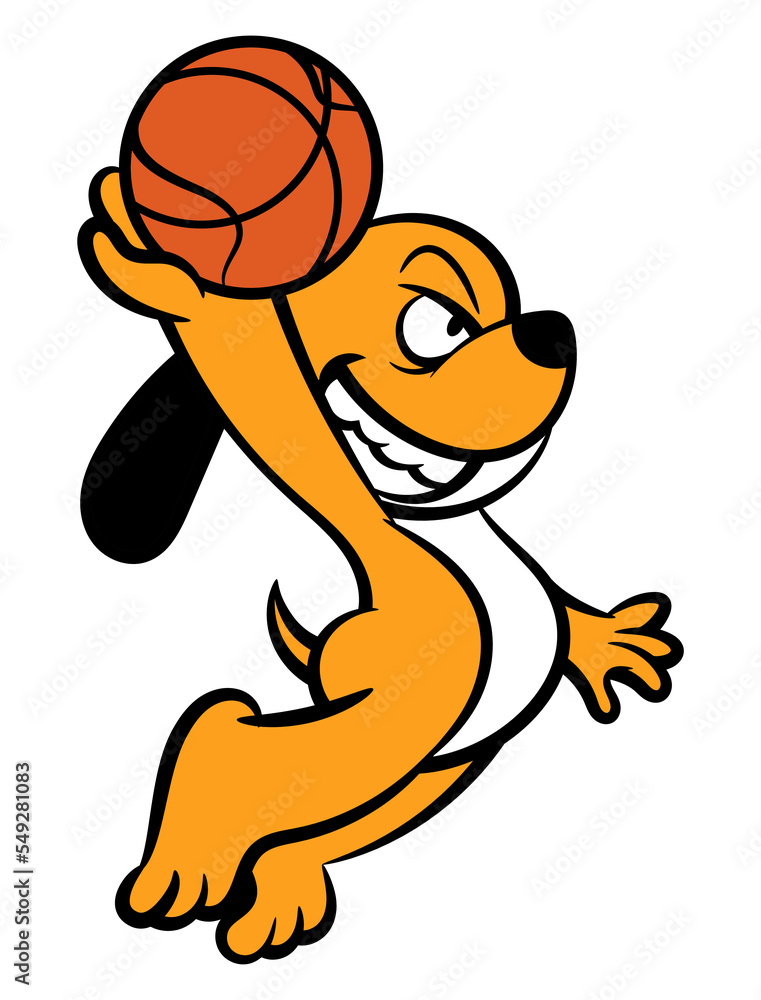 Cartoon illustration of Dog dunking a Ball to basket at streetball