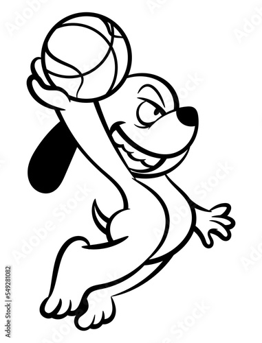 Cartoon illustration of Dog dunking a Ball to basket at streetball competition. Best for mascot, outline, and coloring book with basketball themes