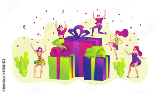 Gift box, flat present for happy man woman character concept, vector illustra...
