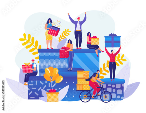 Gift box, flat celebration present for happy people, vector illustration. Cartoon man woman character have fun surprise for birthday, anniversary