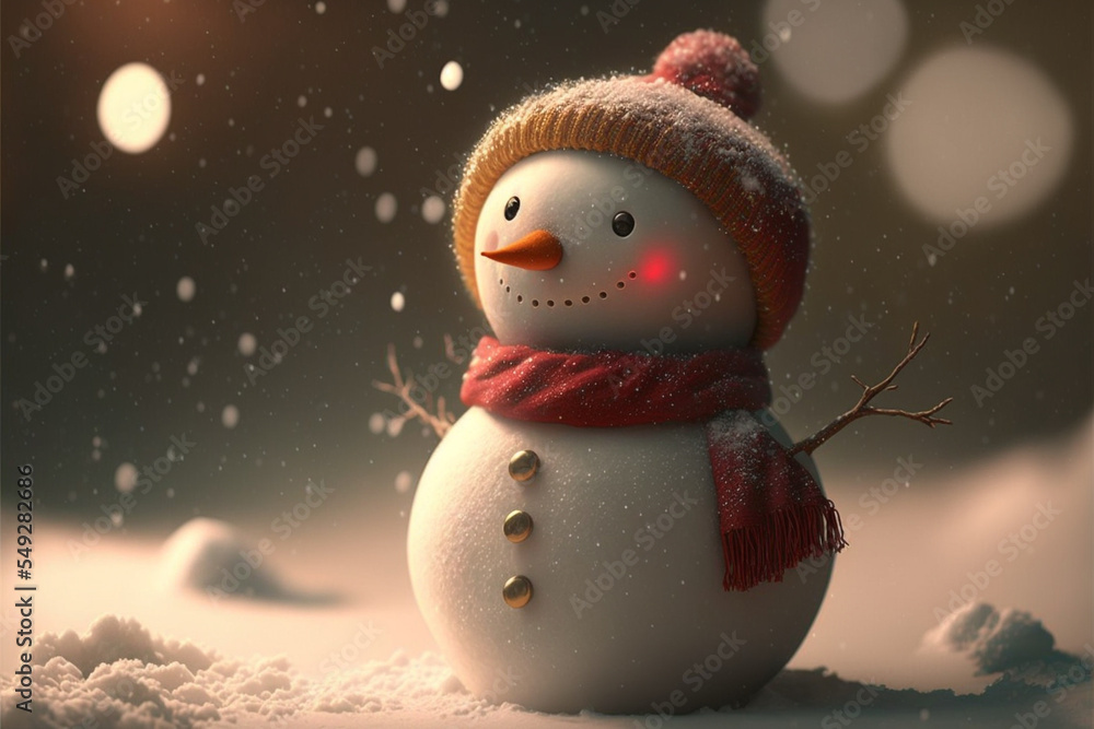 Obraz premium tiny cute snowman standing on snowy field in winter christmas festive.